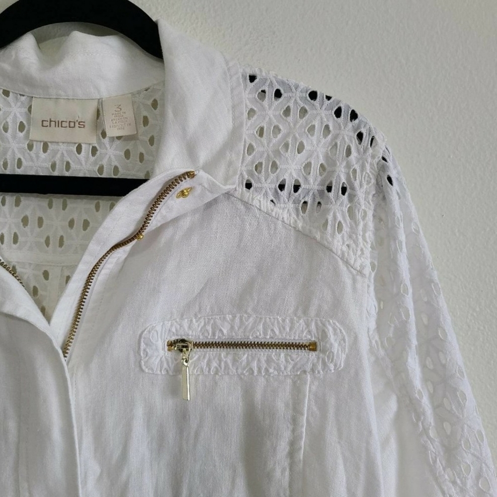 Chico's alabaster Linen Eyelet 3/4 Sleeve Jacket L - Picture 5 of 13